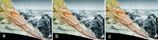 160 m Preu~evanje Triglavskega ledenika s pomo~jo arhivskih Horizontovih fotografij Slika 4: Razlika med orientacijskimi parametri: a) +0,2 za vse tri kote, b) pravi orientacijski parametri, c) 0,2