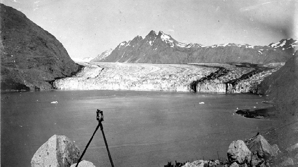 This photo, taken in August 1906 by Charles Will Wright, shows the calving terminus of Carroll Glacier sitting at the head of Queen