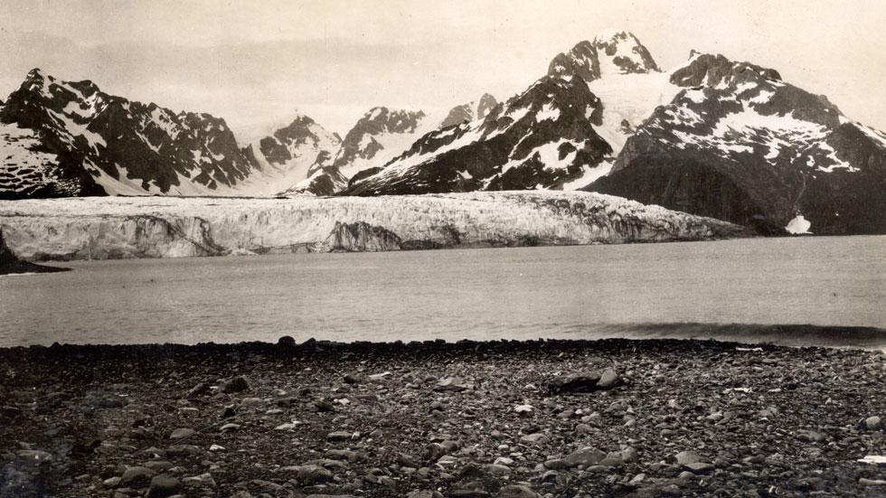 Taken from a cobble beach on the west shoreline of Harris Bay in Alaska's Kenai Fjords National Park, this 1909 photo shows the