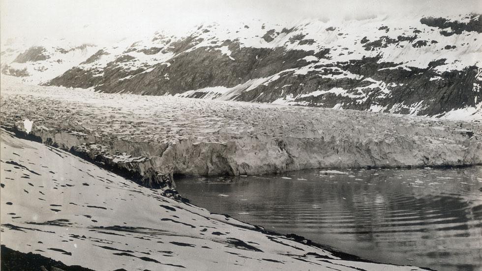 This 1899 photo shows the approximately 197-ft.-high tidewater terminus of the then-retreating Reid Glacier in Glacier Bay National Park.