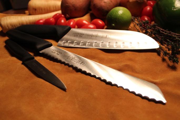 This line contains a paring knife, granton edge Santoku knife, and a