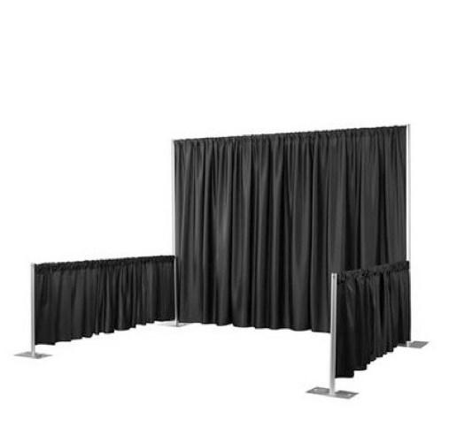 for convention booths. Pipe and drape consists of base plates, uprights, support bar and drape. Available in 6, 8, or 10 foot wide sections, in heights ranging from 3 feet to 16 feet.