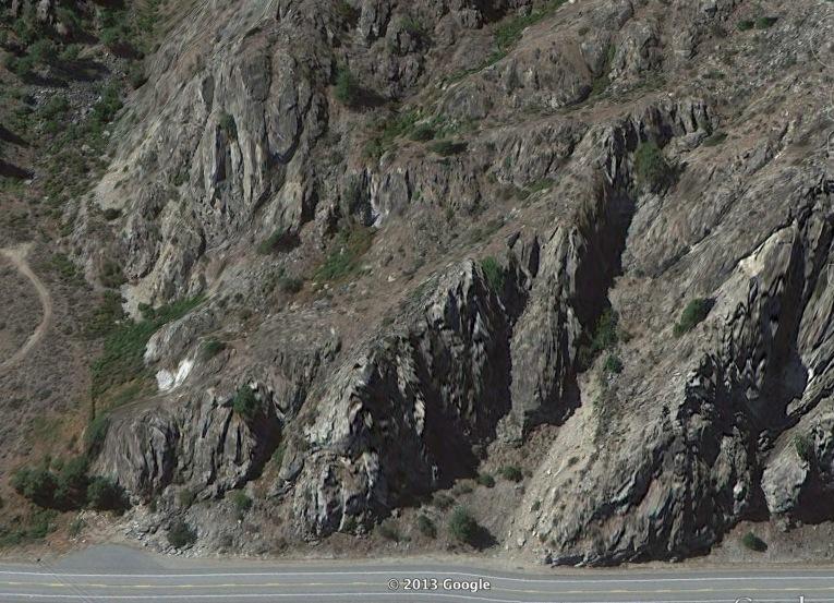 Another Google Earth view below provides more details about starting up the hillside from the south end of Ribbon Cliff.