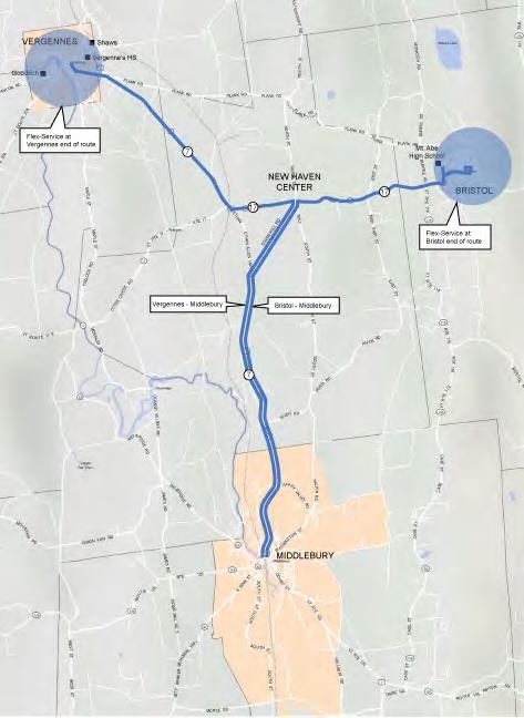 Figure 5-4: Separate Vergennes and Bristol Routes The impacts these proposed changes would be as follows: Ridership: The division of the Tri-Town Shuttle Bus into two routes would