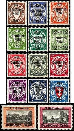 1939 - Stamps of Danzig (Arms & Views, overprinted) Rpf on 3pf brown 704 n/a 716 4Rpf on 35pf bright blue 705 n/a 717 Rpf on 5pf orange 706 n/a 718 Rpf on 8pf yellow-green 707 n/a 719 Rpf on 10pf