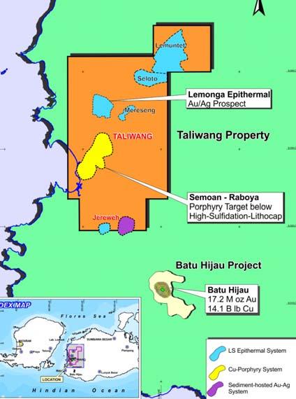 Taliwang Project Adjacent to Newmont s world-class Batu Hijau Cu-Au mine (17.2 M oz Au/14.1 B lb Cu) 1 31,200 hectares highly prospective for Au, Ag, Cu with three main prospects: 1km x 1.