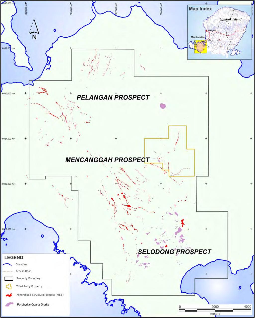 Exploration Activity in 2012 Continued to extend and explore gold epithermal mineralization Exploration drilling on Pelangan mineralized structural breccia (MSB) structures in NW corner of property