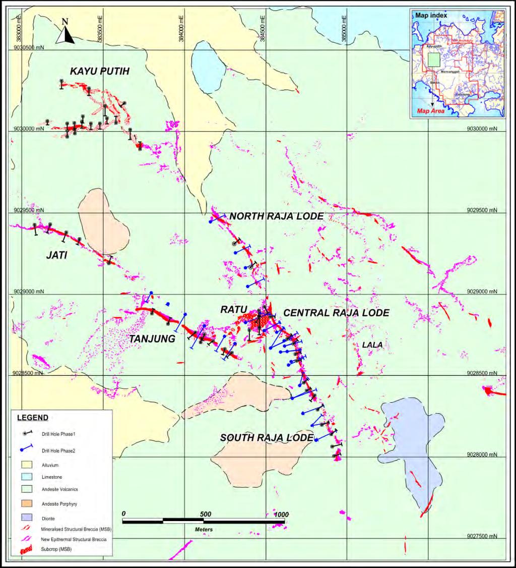 Pelangan Prospect 5km cumulative strike length of Aubearing mineralization outcropping at surface 4,130m Phase 1 drilling included 10m @ 13.4 g/t Au and 17m @ 5.