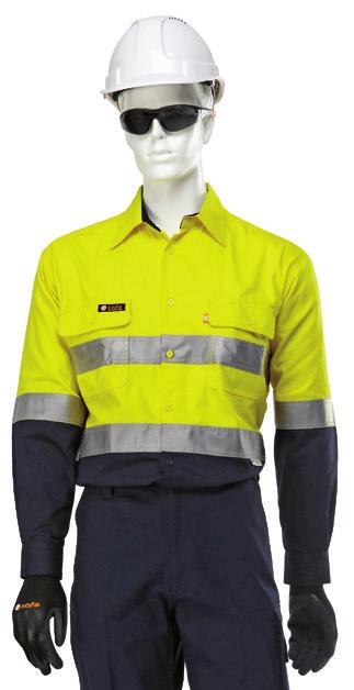 SHIRTS - HIGH VISIBILITY Long sleeve lightweight shirt 155 GSM 100% cotton drill Triple stitched seams for durability Lightweight two tone split panel front and back.