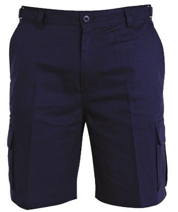 TROUSERS Shorts cotton drill 310 GSM 100% cotton drill Relaxed comfortable fit with flat front styling One large cargo pocket Two side pockets Two back flap pockets