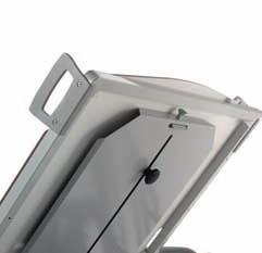 The monitor holder is made of a steel frame and a solid laminate tablet.