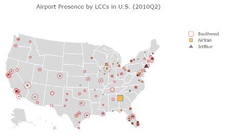 We also review airport presence of major LCCs after rapid expansion as shown in Figure 4. The left figure shows the served airports by the first three largest LCCs in the U.S. markets.