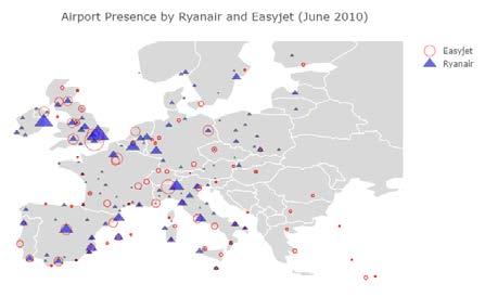 Second, on overlapped airports, Southwest has a larger market share in terms of number of quarterly flights. The right panel presents the airport presence of Ryanair and EasyJet in 2010.
