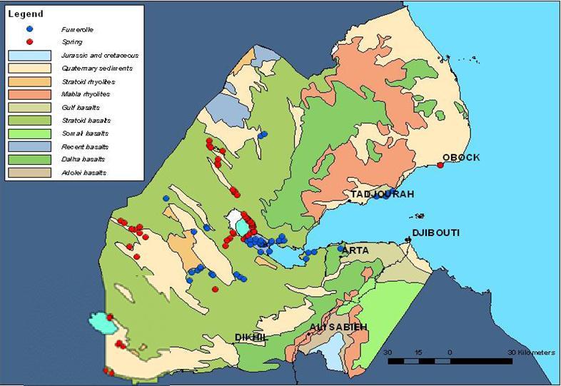 GEOTHERMAL RESSOURCE MAPS Simplified geological map of the Republic of Djibouti, indicating