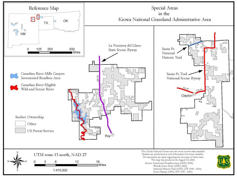 Figure 5. Special Areas on the Kiowa National Grassland Administrative Area The eligible scenic river corridor and Inventoried Roadless Area overlap within the IRA boundary.
