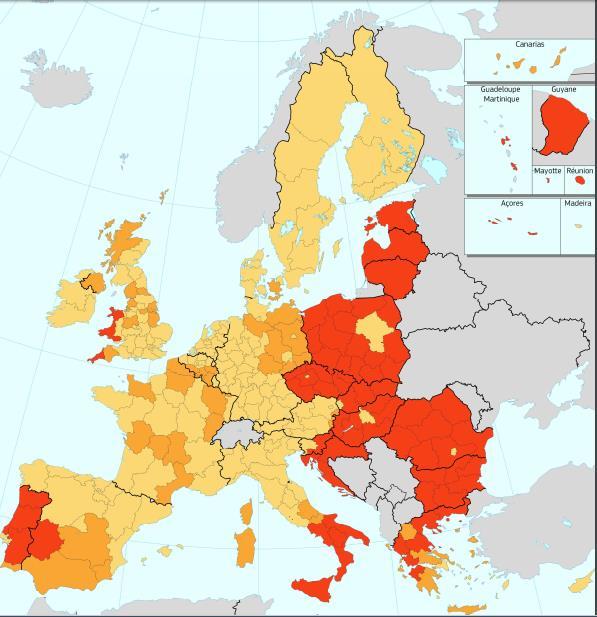 Slika 4. Raspodjela strukturnih fondova (ERDF i ESF) prema razvijenosti regija za razdoblje 2014. - 2020. Izvor: Eurostat (2016): Indikatori kohezijske politike EU, http://ec.europa.
