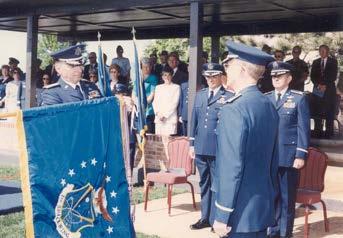 Activation of the 21st Space Wing Gen Donald J. Kutyna (left), commander, Air Force Space Command, inactivated the 1st Space Wing and 3d Space Support Wing on 15 May 1992.