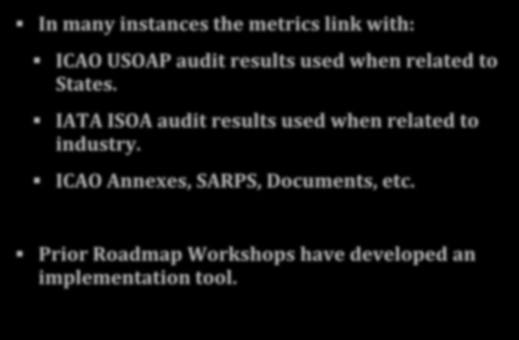 Metrics In many instances the metrics link with: ICAO USOAP audit results used when related to States.