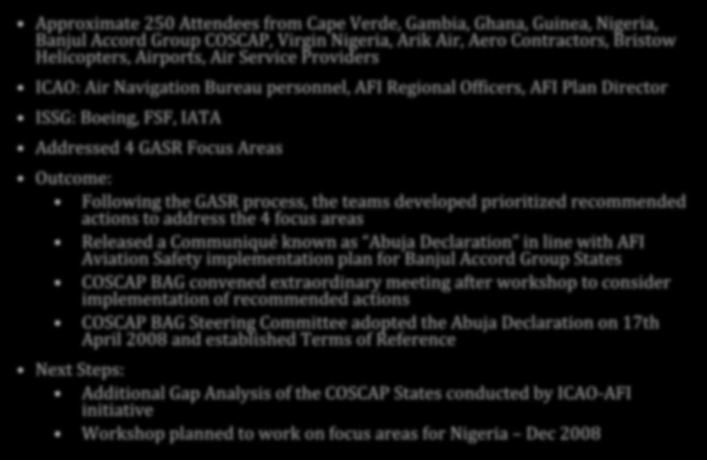COSCAP-BAG: Abuja, 14-16 April, 2008 Approximate 250 Attendees from Cape Verde, Gambia, Ghana, Guinea, Nigeria, Banjul Accord Group COSCAP, Virgin Nigeria, Arik Air, Aero Contractors, Bristow