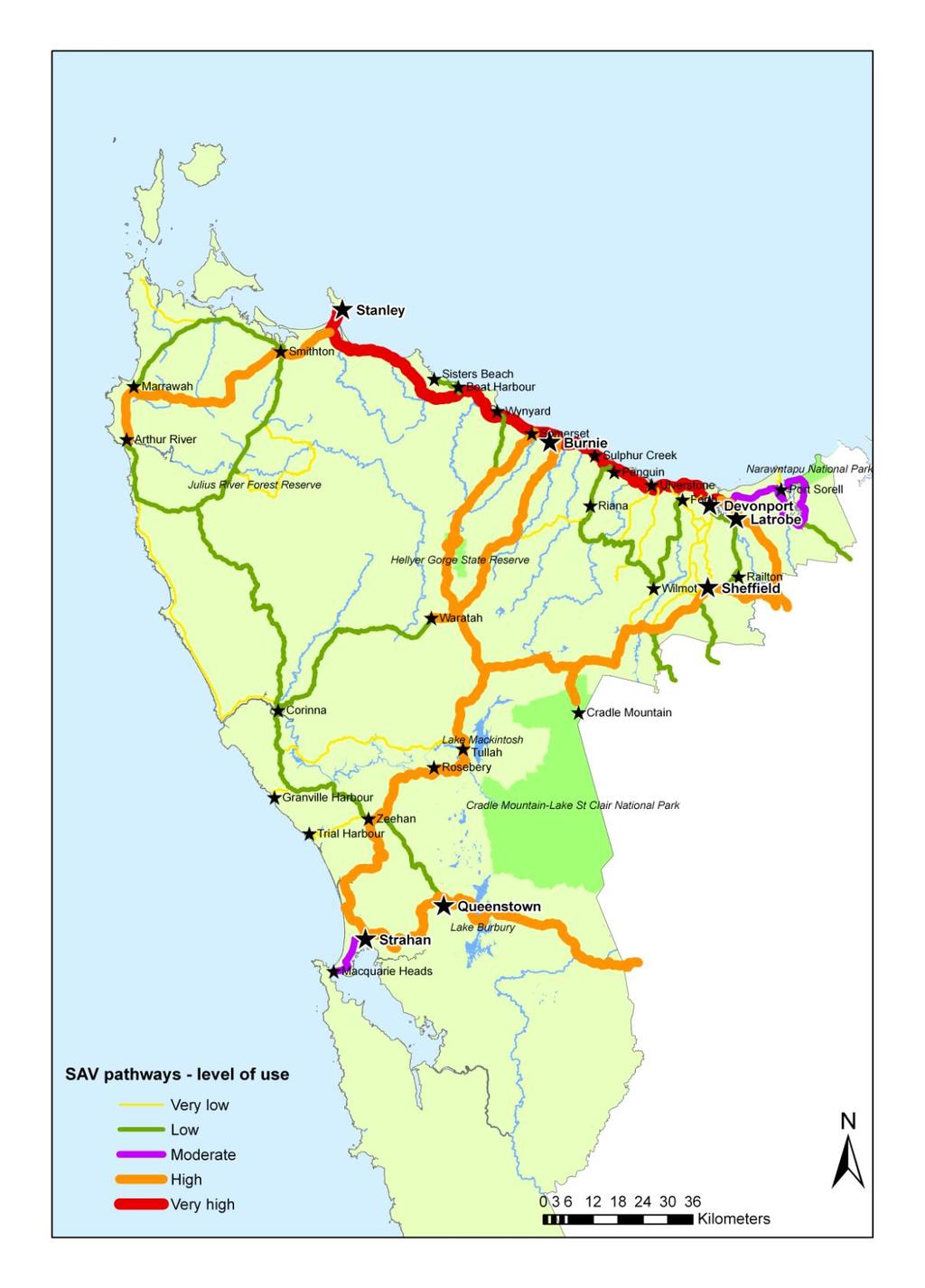 Figure 1. SAV pathways in North-West Tasmania. Map by Karen Eyles UTAS Cradle Coast campus. This is derived from the stated pathways of SAVs.