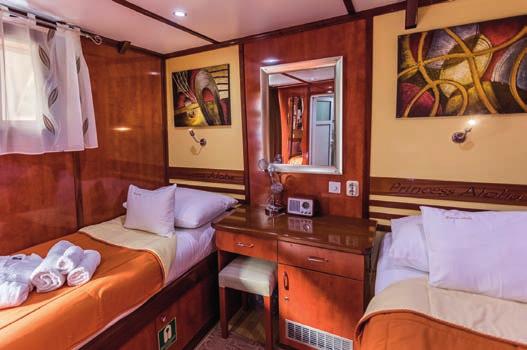 Beds may be twin or double on both decks (lower and main). Triple can be found on the lower deck only. Vessel can accommodate 36 passengers with its 18 guest cabins.