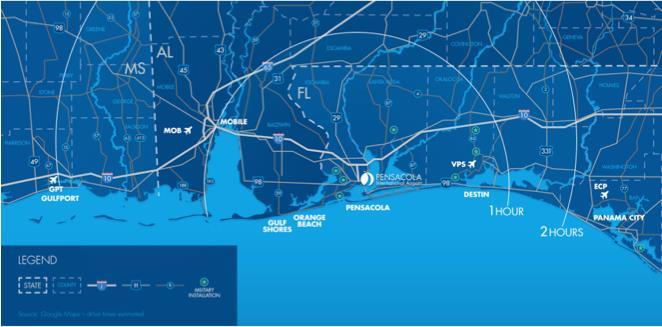 Airport, Mobile Regional Airport (MOB), Destin Ft. Walton Beach Airport (VPS), and Northwest Florida Beaches International Airport (ECP).