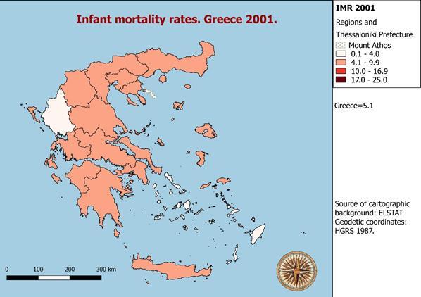 Figure 4: Infant mortality Rate (infant deaths per 1000 livebirths) in 14 administrative units (Regions and the Prefecture of Thessaloniki).