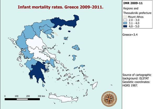 Figure 5: Infant mortality Rate (infant deaths per 1000 livebirths) in 14 administrative units (Regions and the Prefecture of Thessaloniki). Greece 2009-2011. Figure 6.