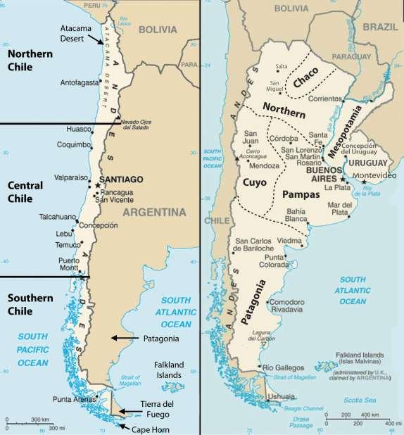 Figure 6.35 The Three Main Regions of Chile (left); Argentina and Uruguay with the Regions of Argentina Outlined and Labeled (right) Source: Updated from maps courtesy of CIA World Factbook.