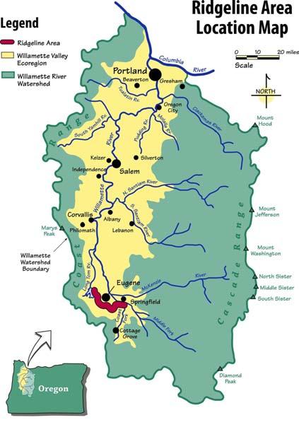 Regional Context Located in the southern Willamette Valley of Oregon, the Ridgeline Area is a twenty mile corridor that follows a major series of ridges spanning the area between Fern Ridge Reservoir