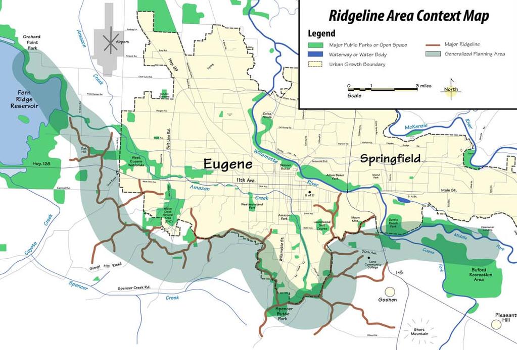 The Ridgeline Area marks the transition of the flat Willamette Valley and the foothills of the Coast Range Mountains as well as the change-over from the urbanized Eugene-Springfield metropolitan area
