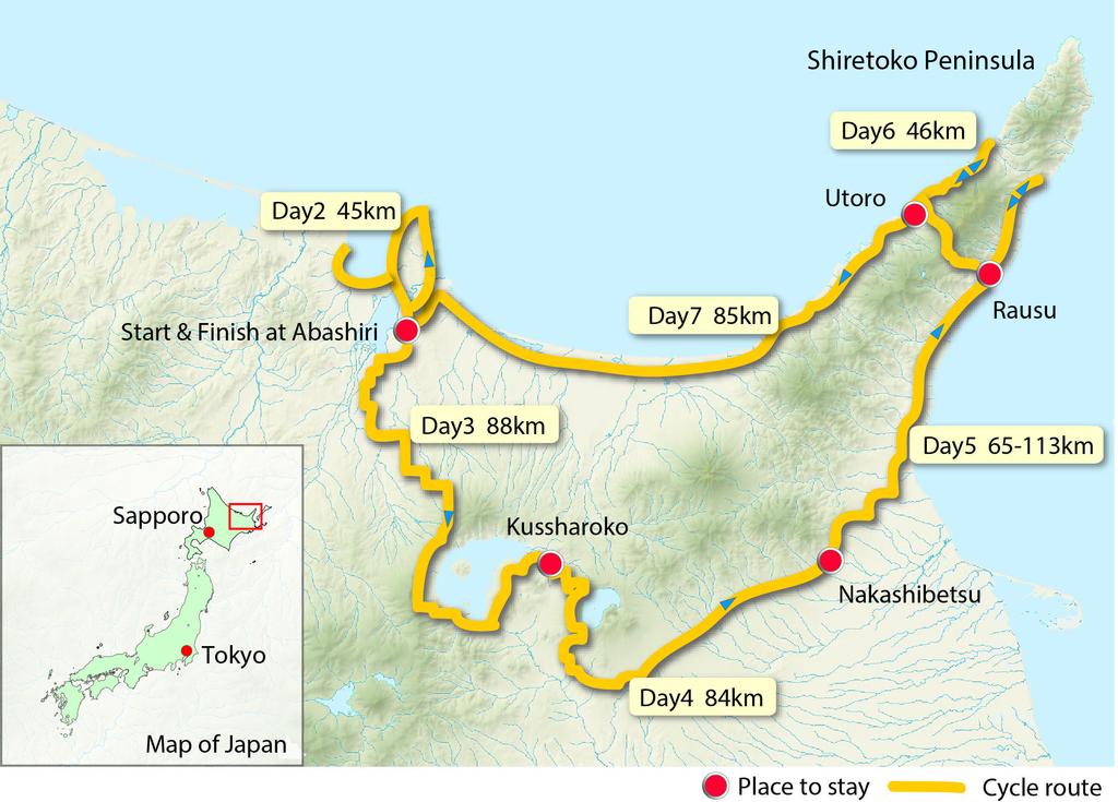 Ryokan TO B,D Day5 Cycle 65-113km Nakashibetsu to Rausu Hotel TSO B,D Day6 Cycle 46km Rausu to Utoro Ryokan TSO B,D Day7 Cycle 85km Utoro to