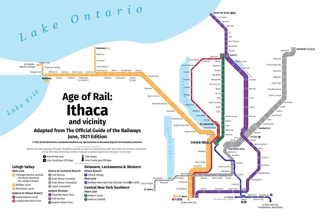 Tompkins County Railroad tour 17-March-2018 Guidebook by D G Rossiter 1 Subway-style map of passenger service to Ithaca, 1921.