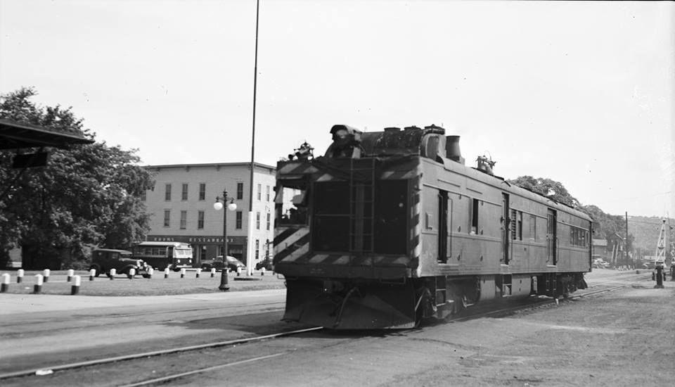 LV railcar at Ithaca, 1949 (?), looking S. Sayre-Geneva local discontinued Nov. 11, 1949.
