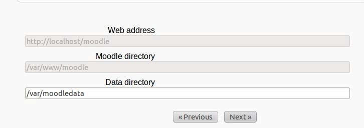 Dalje se navode tri parametra: veb adresa Moodla, njegova lokacija na disku i lokacija direktorijuma moodledata (Sl.
