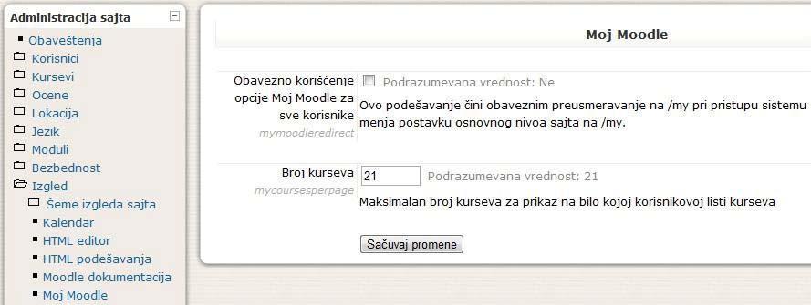 My Moodle Moodle se može globalno podesiti tako da korisnik ne dobija informacije o svim kursevima, već isključivo o onim kursevima i aktivnostima na kojima je prijavljen. (Kod Moodle 2.