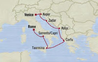 24 Aug Rome (Civitavecchia), Italy Embark 1 pm 7 pm 25 Aug Sorreto/Capri, Italy 8 am 6 pm 26 Aug Taormia (Sicily), Italy 8 am 6 pm