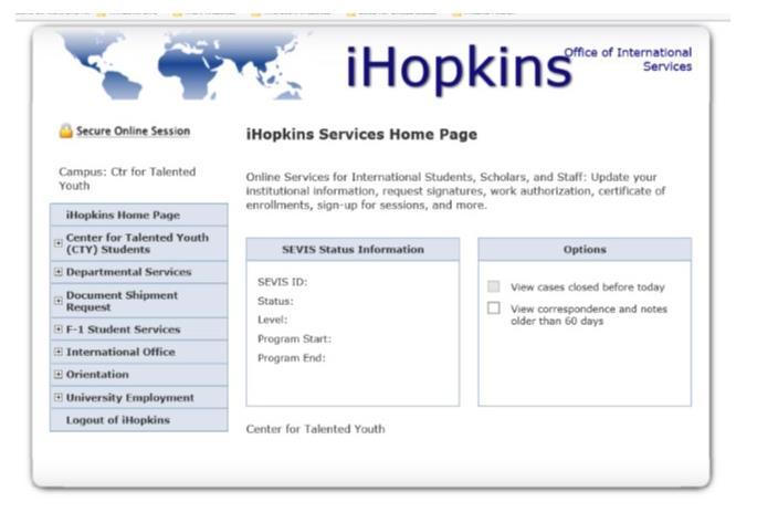 3. Obtaining the I-20 Form: Step 1 (Cont. 3) 6. You will be led to the ihopkins Home Page. 7. Click on the Center for Talented Youth (CTY) Students box to open the window.