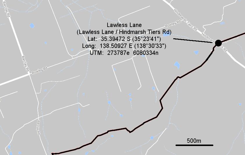 Lawless Lane (near the town of Myponga) has limited roadside parking to the east of its