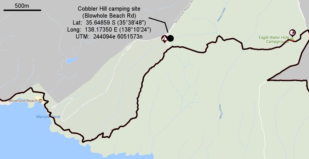Cobbler Hill camping site. Near the end of Blowhole Beach Road, about 150 metres north of the Heysen Trail. Parking available along road side by camp entrance. Public toilet.