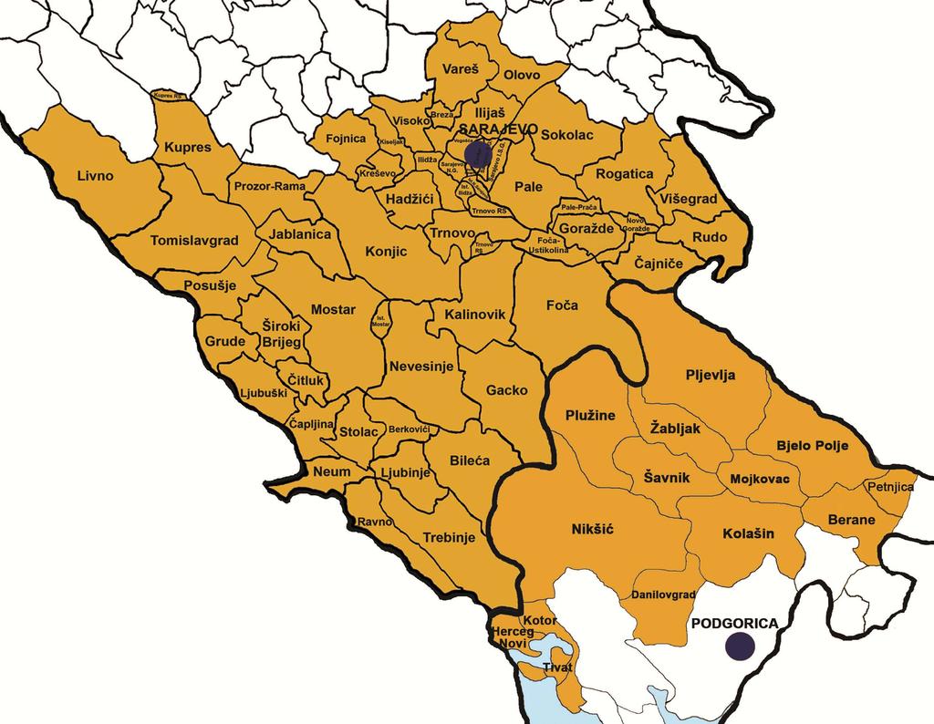 Map illustrating the eligible area The programme area in Bosnia and Herzegovina covers 20,909.33 km² and encompasses 56 municipalities. This represents 38.51% of the territory of the country 1.