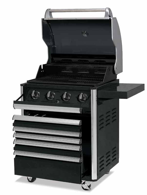 RECREATIONAL EQUIPMENT 30" Single Bank Grills Heavy-duty stainless steel 38,000 BTU Porcelain round steel cooking grate Vinyl cover Side shelf included One-year limited warranty Premium line features