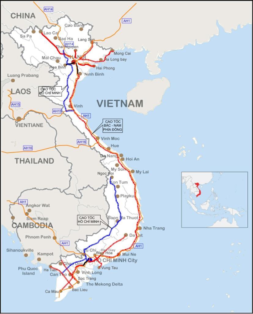 1. Expressway by 2020 North South expressway; Northern expressways: seven routes around Hanoi capital region with total length 1,099km; Central region Western Highlands expressway: Three routes
