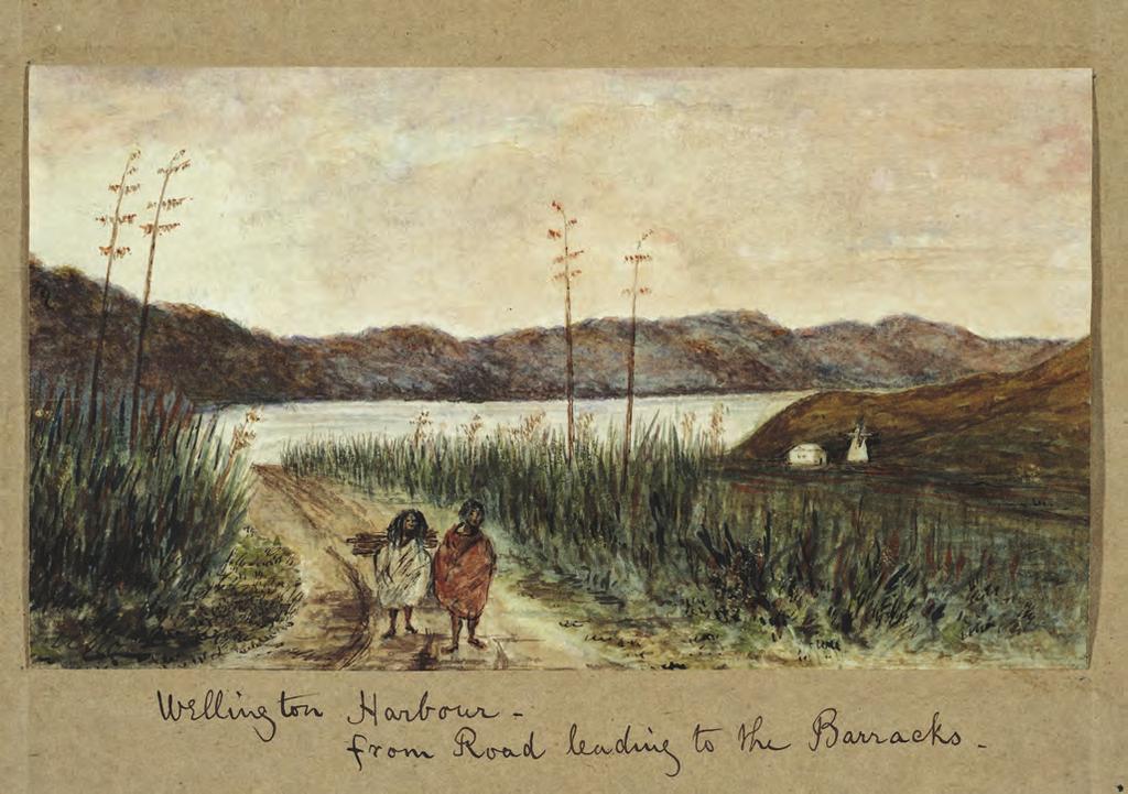 1852: Painting by John Pearse of two small Māori figures heading up towards the Buckle Street army barracks, possibly along