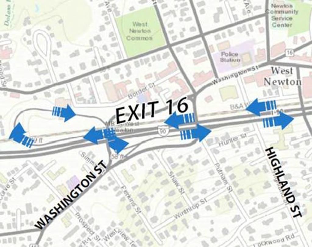 I-90 Westbound Exit 20 Closure: From I-90 westbound, continue to Exit 16 (Route 16 West Newton/Wellesley) and follow signs to