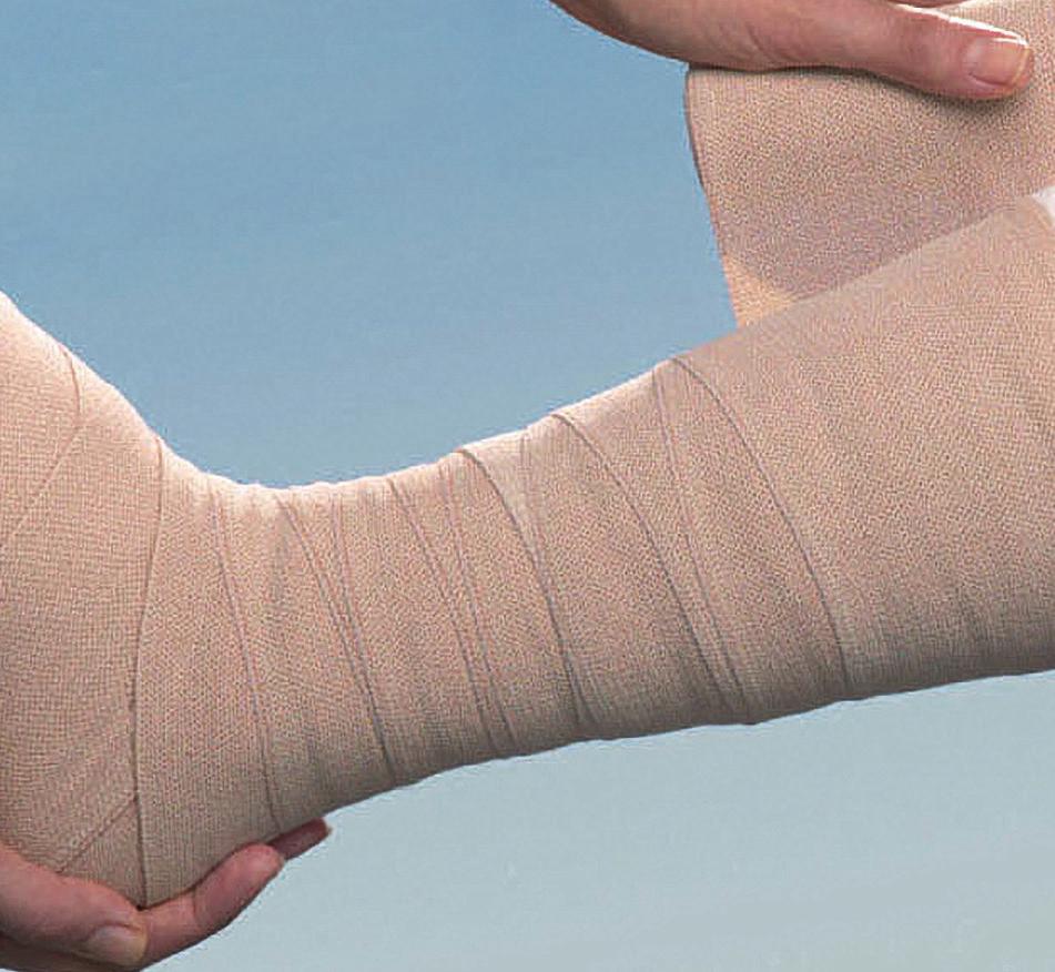 layers from slipping Very skin-friendly Air permeable Simplify application of thigh/large leg by using the double (10 m) length bandage Extensibility is approximately 90% Washing temperature up to 95