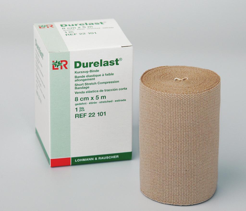 Durelast Very Short Stretch Bandage Very strong compression bandaging (lymphology and phlebology) Support and stress relief in traumatology and sports medicine Firm grip fabric