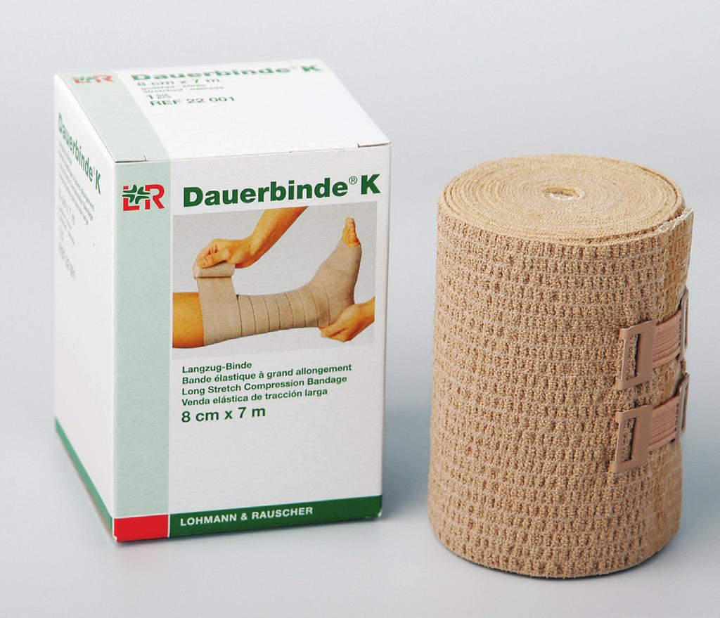 Dauerbinde K Long Stretch Bandage Compression bandaging (lymphology and phlebology) Support and stress relief to injured tendon, ligament or muscle Dressing retention Limb immobilization Easy to