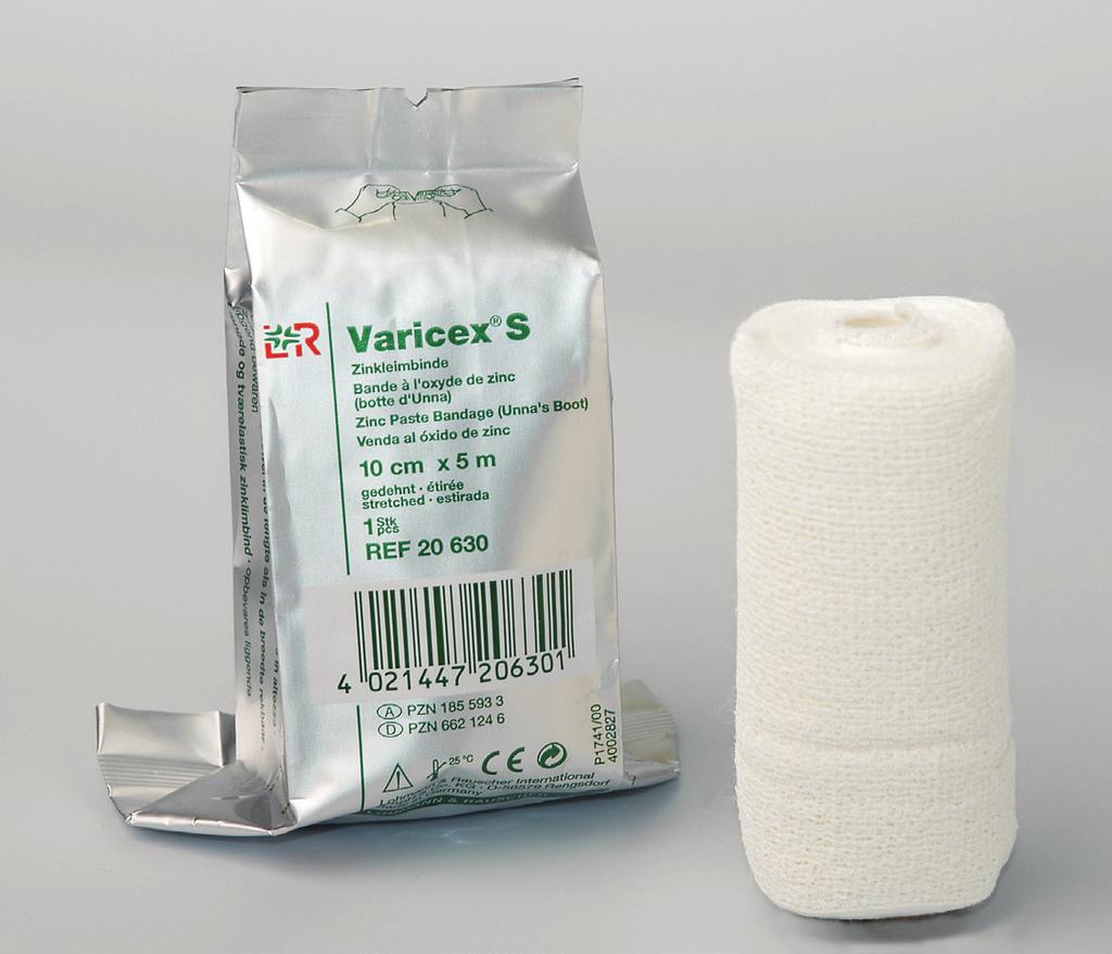 Unna s Boot, Varicex Zinc Paste Bandage Semi-rigid treatment of venous insufficiency, leg ulcers, edemas, thrombophlebitis Secondary treatment of fractures and luxation Ready-to-use zinc oxide