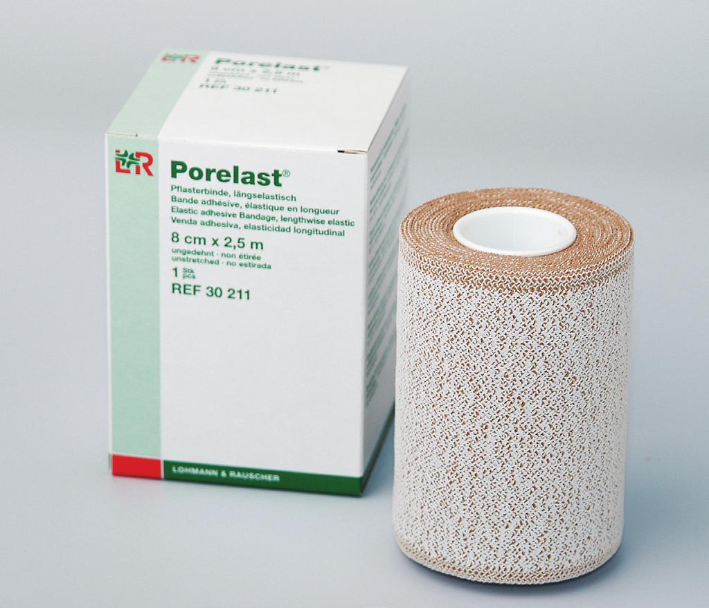 Porelast Short Stretch Adhesive Bandage Compression bandaging in phlebology Functional bandaging in sports medicine Support and relief with distortions, contusions and dislocations Lengthwise